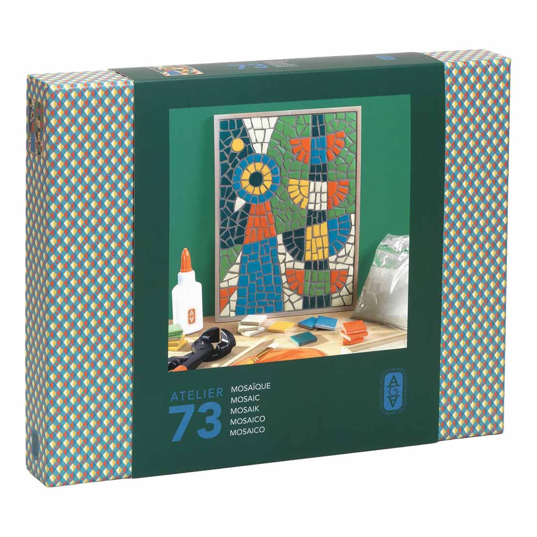 Djeco mozaïekset Atelier 73 verpakking met afbeelding van het eindresultaat en de inhoud.