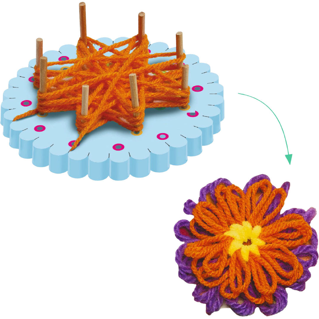 Detail van de Djeco knutselset met het weefgereedschap en een afgewerkte oranje en paarse geweven bloem.