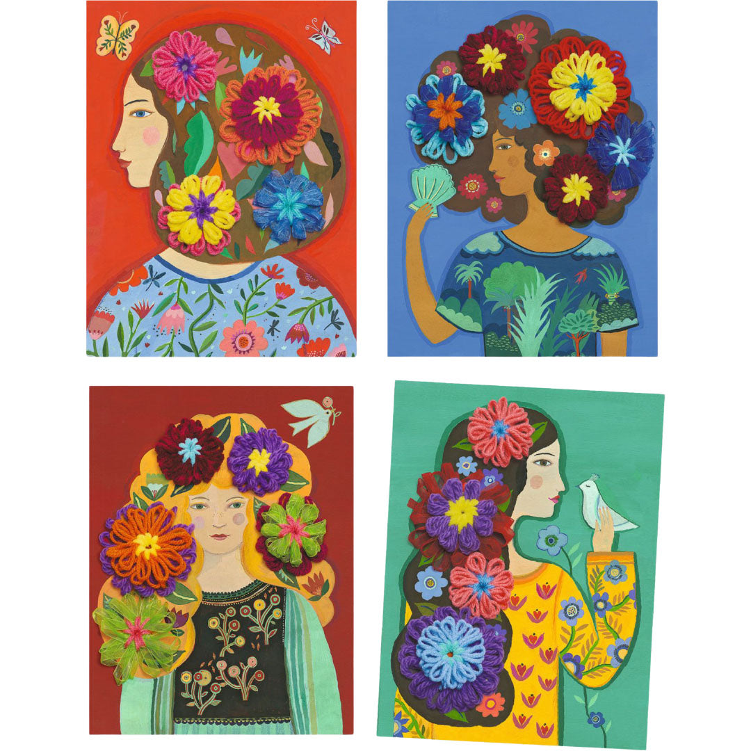 Vier voorbeelden van de Djeco knutselset met illustraties van vrouwen met kleurrijke geweven bloemen in hun haar.