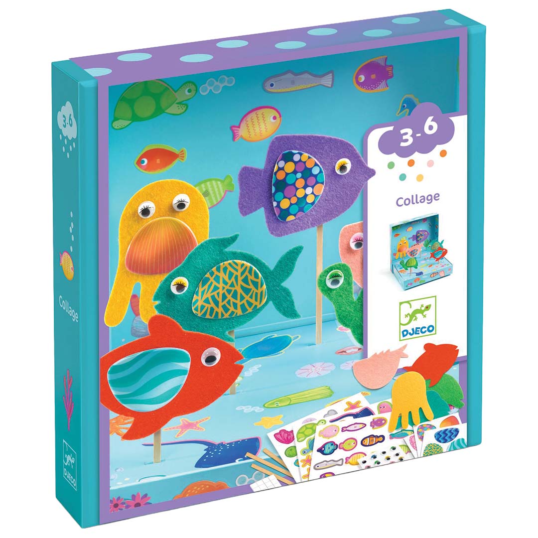 Djeco knutselset collage aquarium verpakking met diverse vissen en zeedieren.