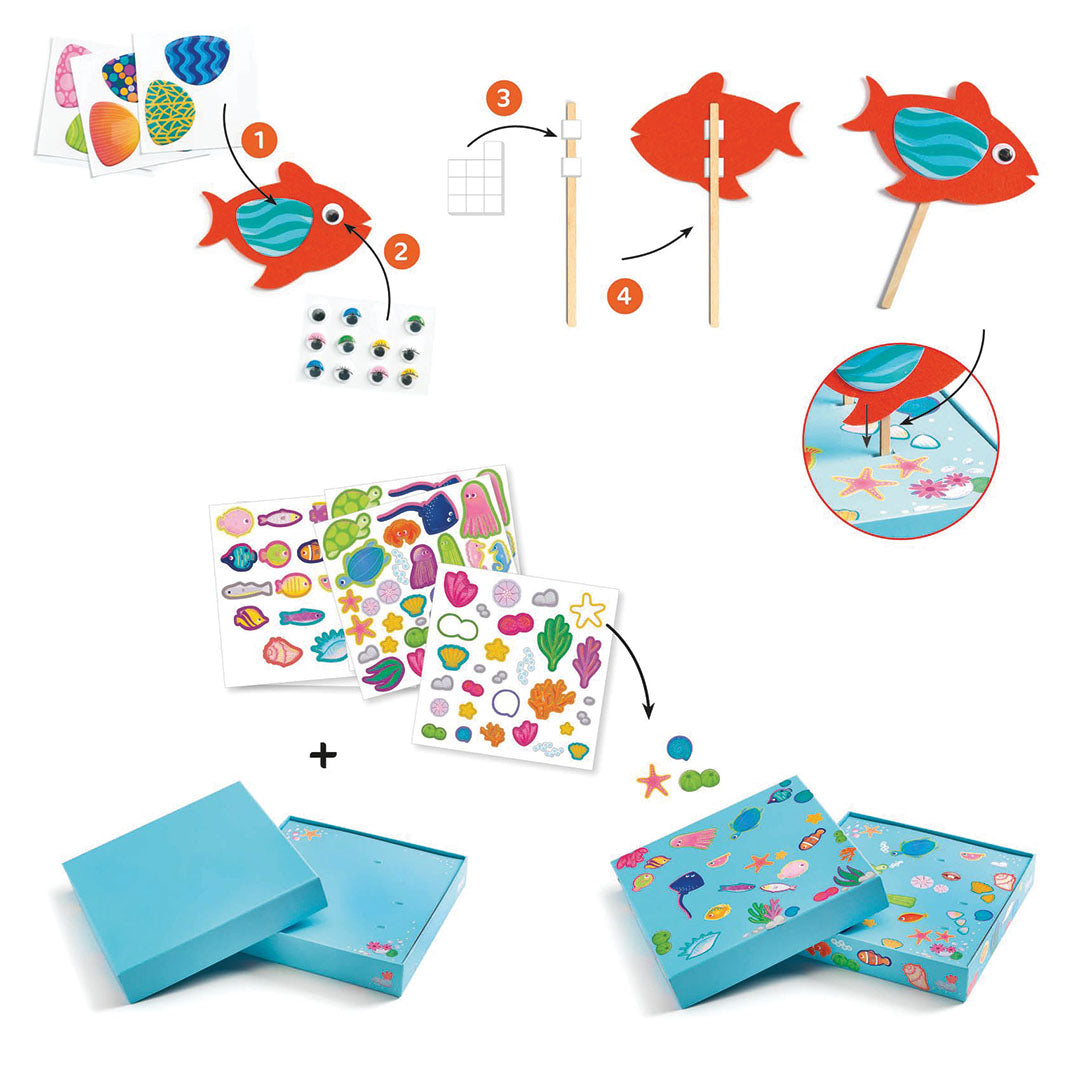 Infographic van de knutselset collage aquarium met instructies voor het maken van vissen en het decoreren van de doos.