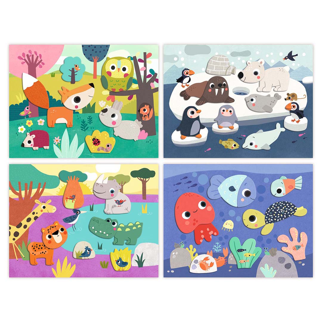 Vier voltooide collageplaten met bosdieren, poolbewoners, jungledieren en zeedieren.