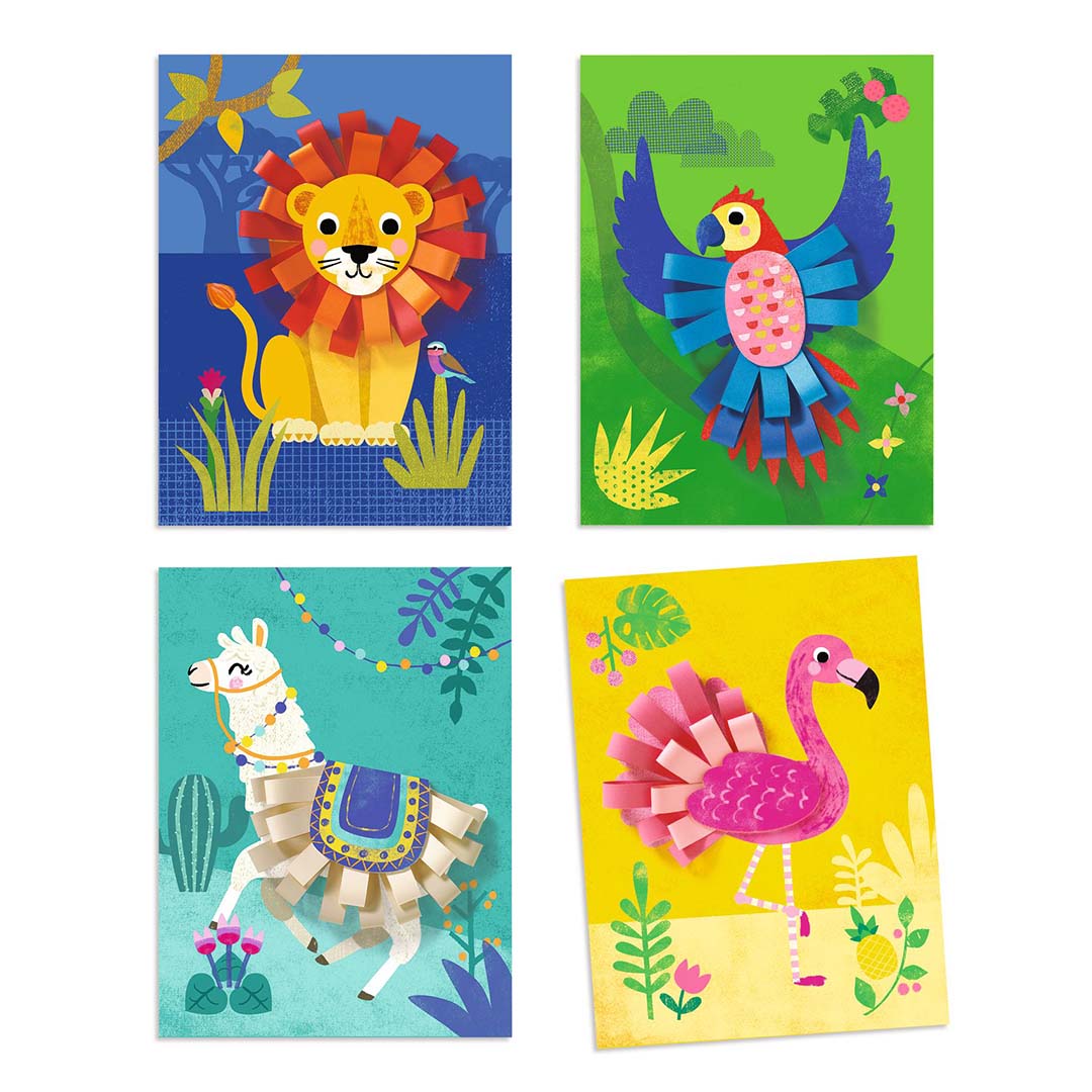 Vier voltooide collagekaarten van de Djeco knutselset met een leeuw, papegaai, lama en flamingo.
