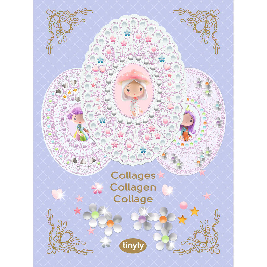 Djeco knutselset collages Amy & Co overzichtsfoto met drie versierde ovale collages met figuren en decoratieve elementen.