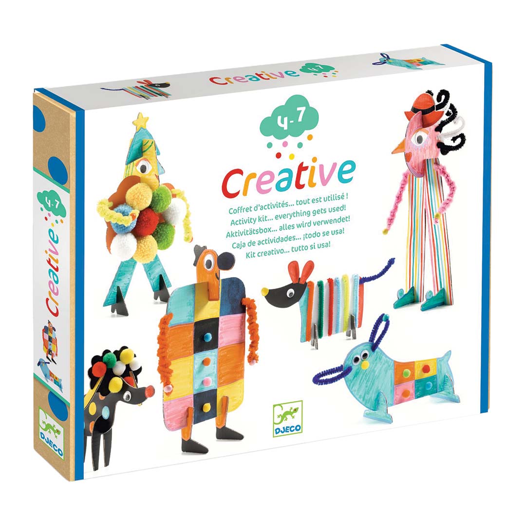 Djeco knutselset Creative Punch Out Box - Buddies and Doggies verpakking met voorbeelden van de gemaakte figuren.