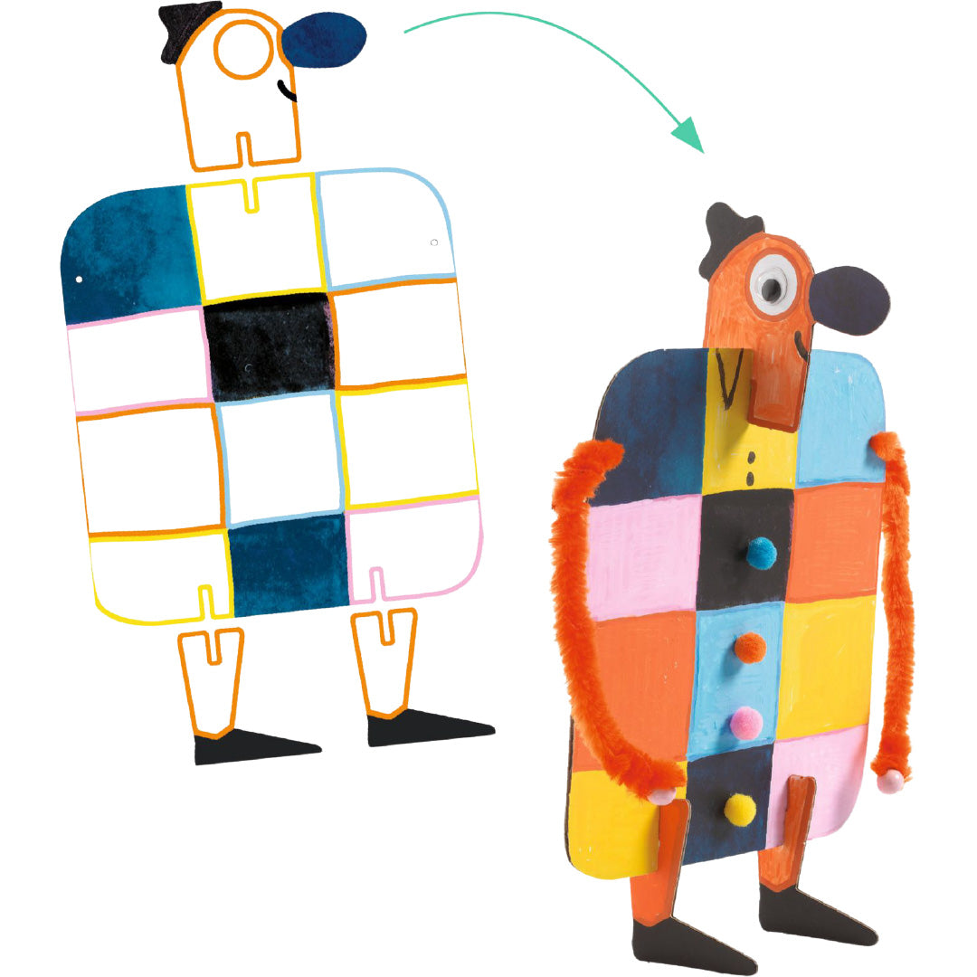 Demonstratie van de Djeco knutselset met een onversierd en een versierd 'buddy' figuur.