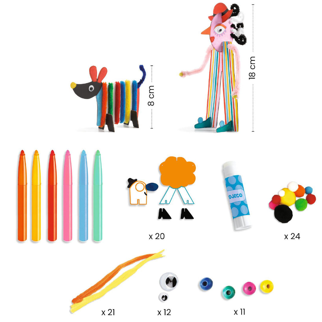 Infographic van de Djeco knutselset met de inhoud en afmetingen van twee gemaakte figuren.