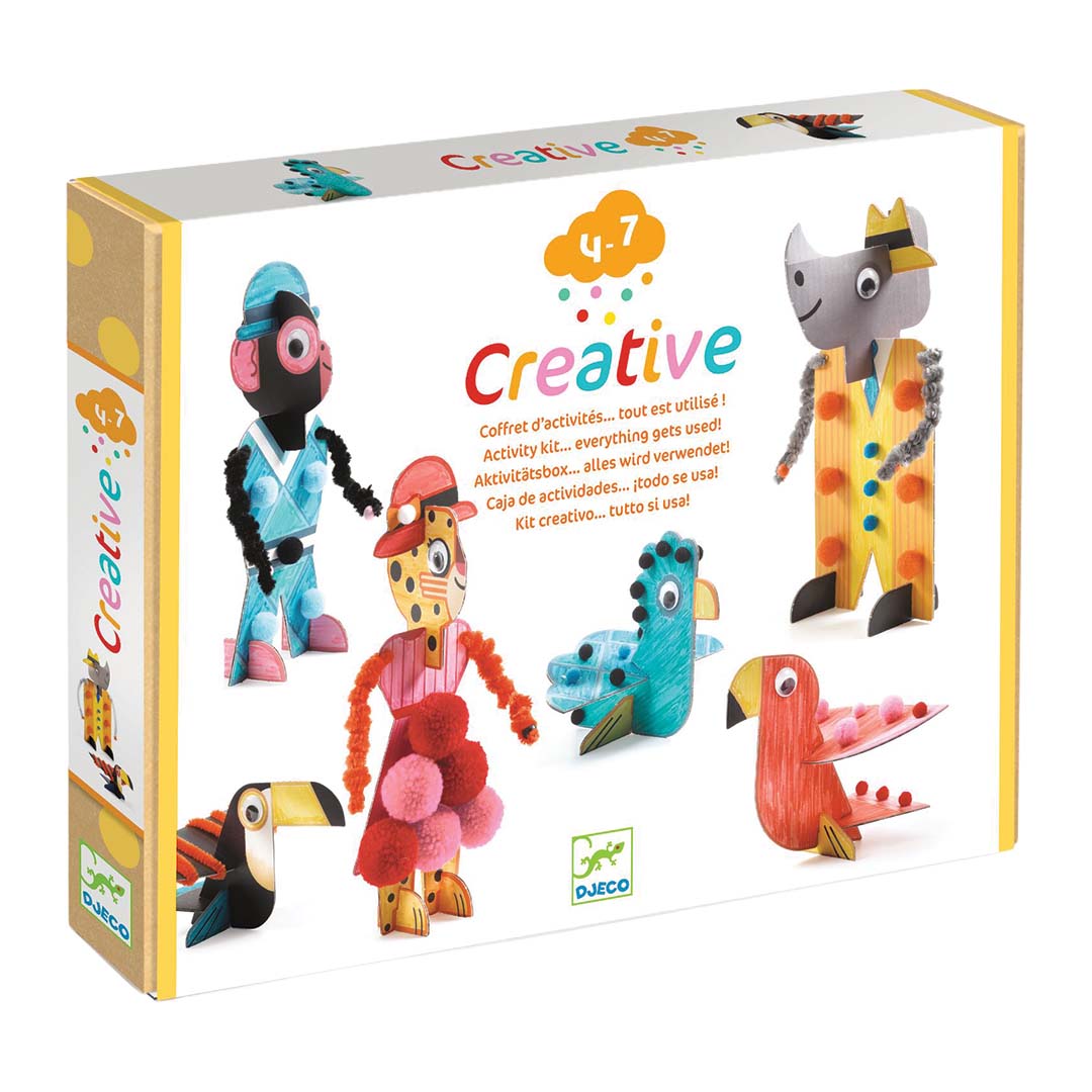Verpakking van de Djeco knutselset Creative Punch Out Box Savanna Chic met diverse gemaakte dierenfiguren.