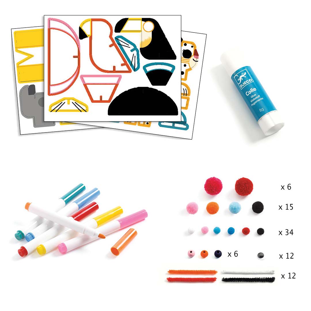 Inhoud van de Djeco Creative Punch Out Box knutselset met kartonnen vormen, lijm, stiften en decoratiematerialen.