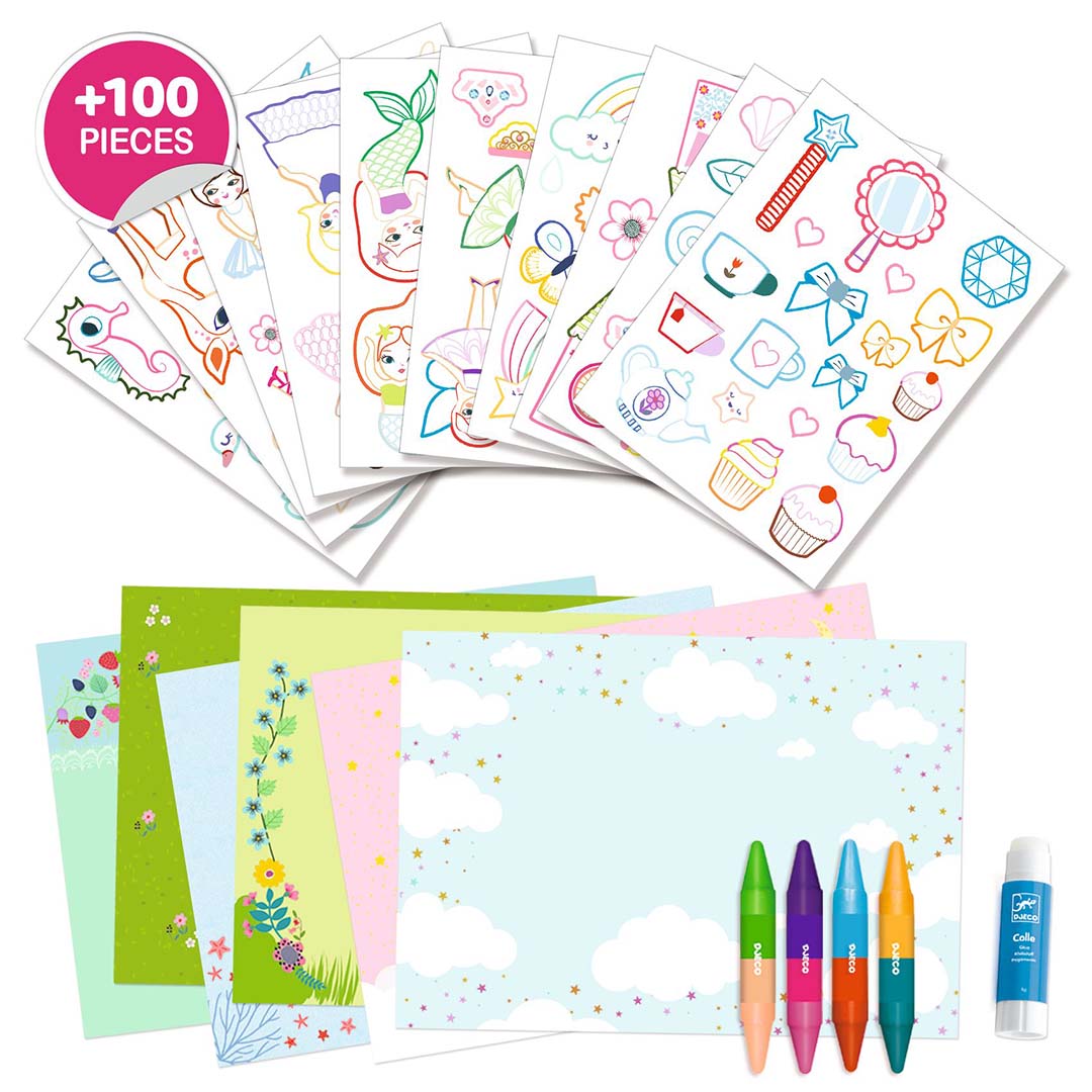 Overzicht van de Djeco knutselset met vellen vol figuren, achtergrondvellen, vier dubbelzijdige kleurpotloden en een lijmstift.