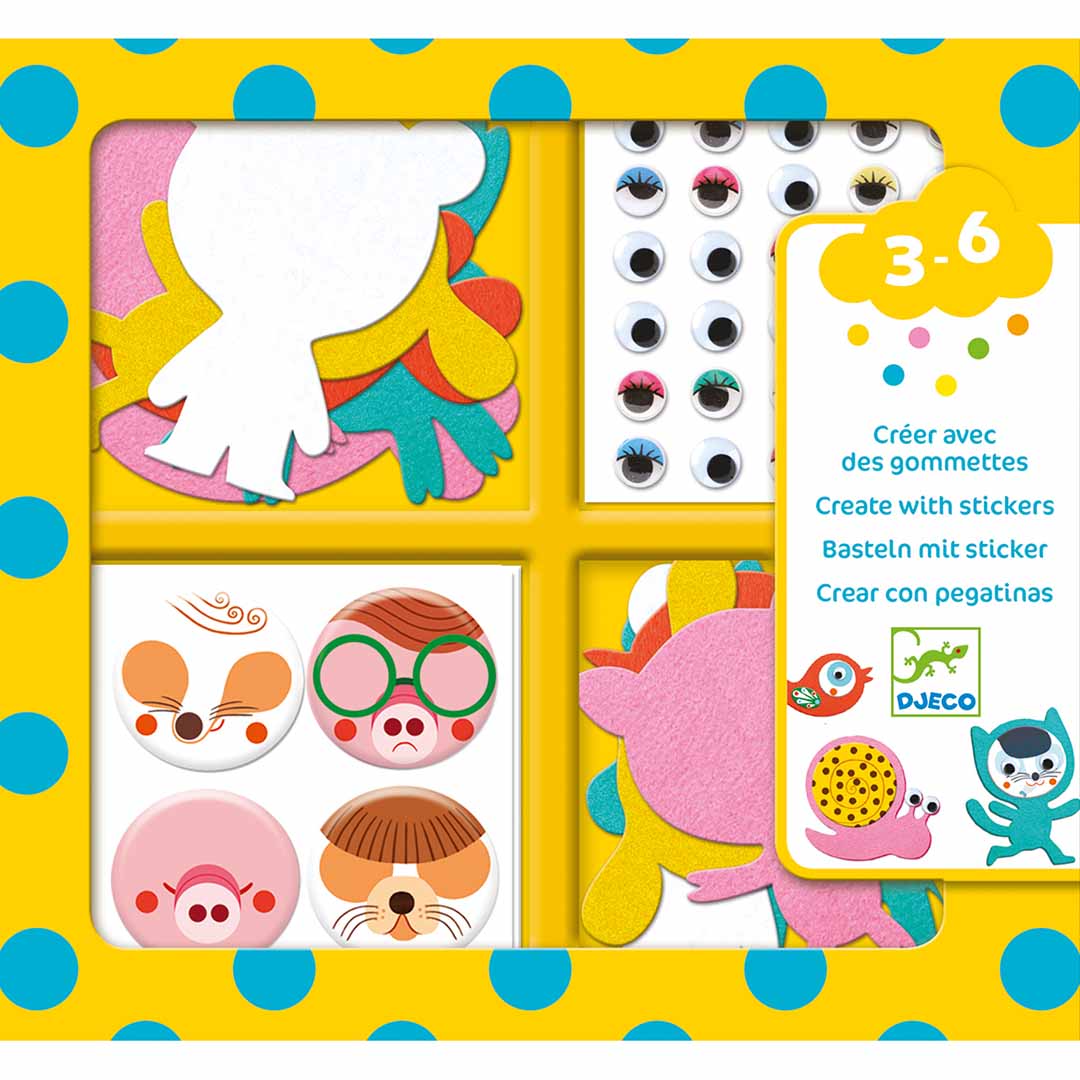 Schuine weergave van de Djeco knutselset 'Creëren met stickers' voor kinderen van 3-6 jaar, met dierenfiguren en googly eyes, in een gele doos met blauwe stippen.