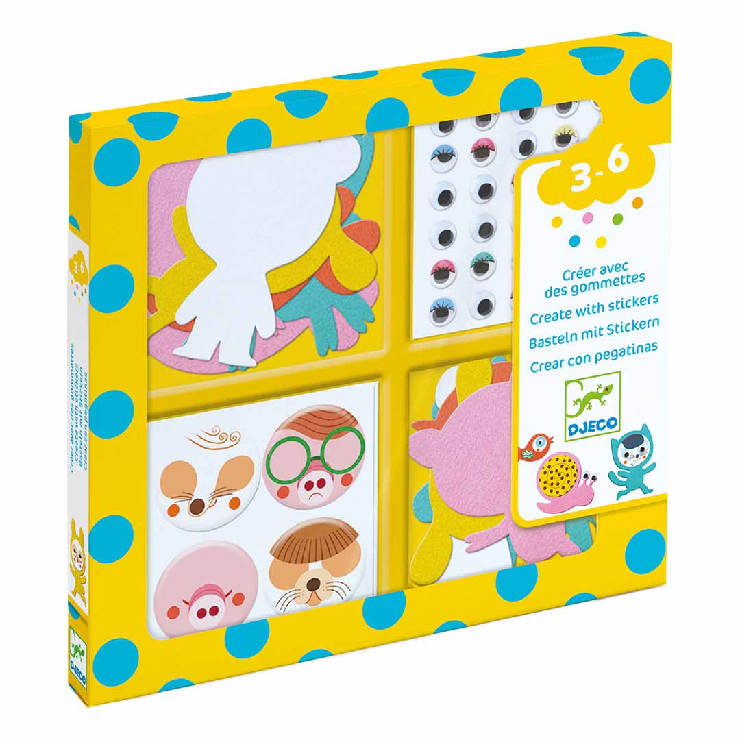 Djeco knutselset 'Creëren met stickers' voor kinderen van 3-6 jaar, met dierenfiguren en googly eyes, in een gele doos met blauwe stippen.