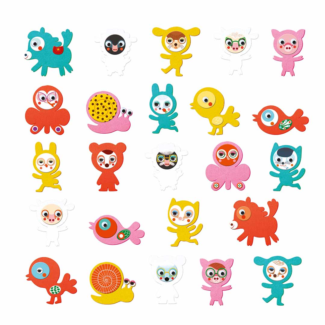 Collectie van diverse kleurrijke dierenfiguren gemaakt met de Djeco knutselset.