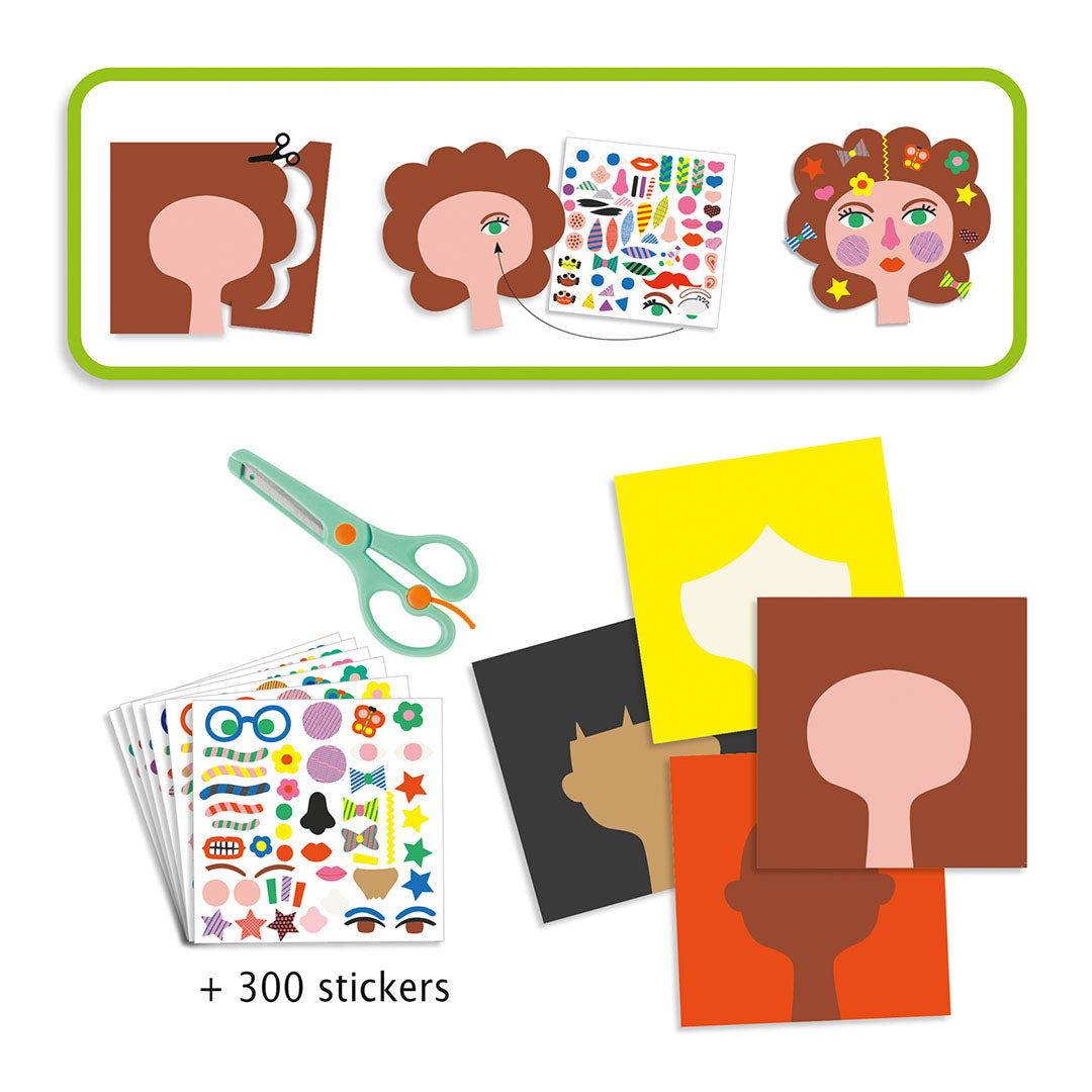 Overzicht van de Djeco knutselset met blanco gezichten, schaar en stickervellen, en de stappen om een gezicht te versieren.