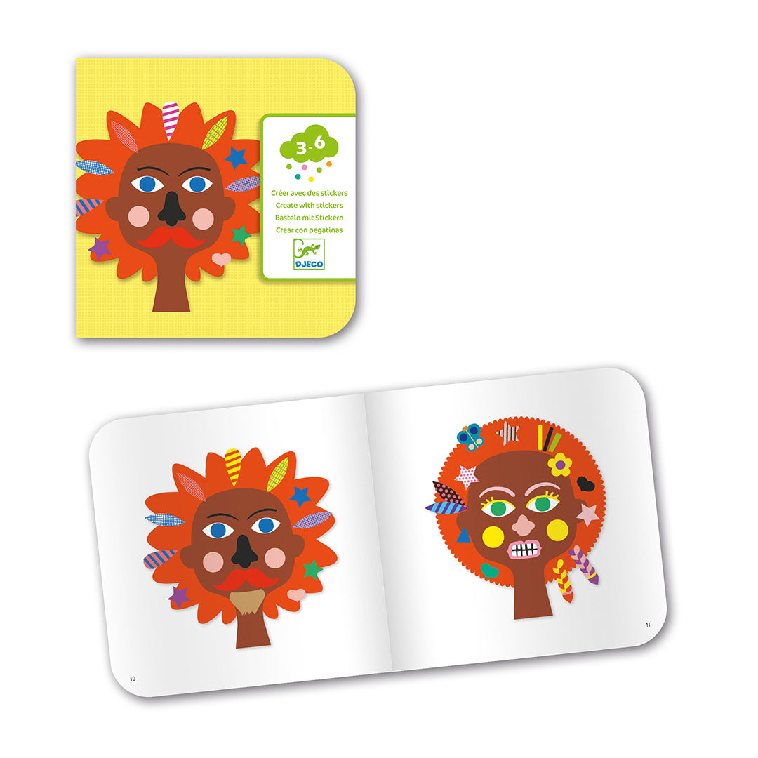 Een open instructieboekje van de Djeco knutselset met voorbeelden van versierde gezichten en de productverpakking.