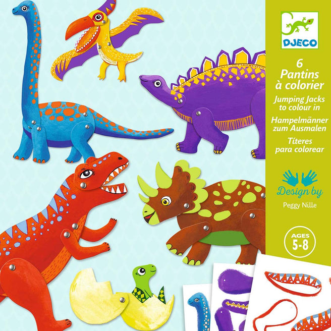 Djeco knutselset met zes kleurrijke beweegbare dinosaurusfiguren en instructies op de verpakking.