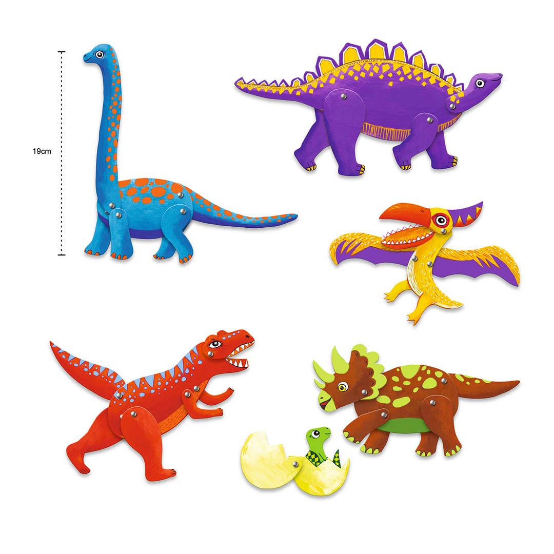 Zes kleurrijke, beweegbare dinosaurusfiguren van de knutselset, waaronder een blauwe brachiosaurus van 19 cm.
