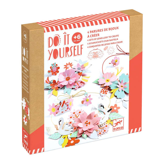 Djeco knutselset voor het maken van bloemen sieraden, met een voorbeeld van de creaties op de verpakking.