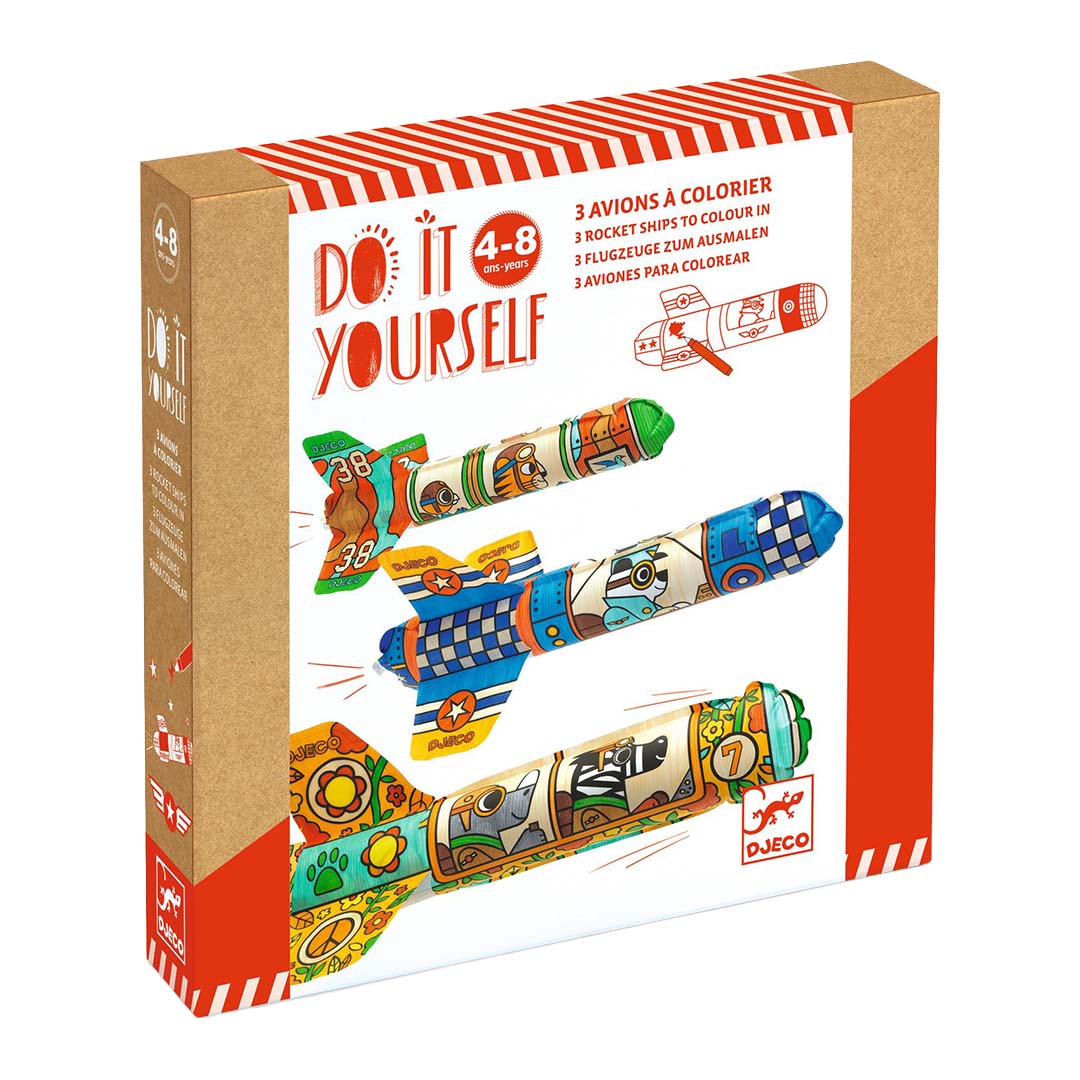 Djeco knutselset DIY raketten verpakking met drie gekleurde raketten en de tekst "DO IT YOURSELF".