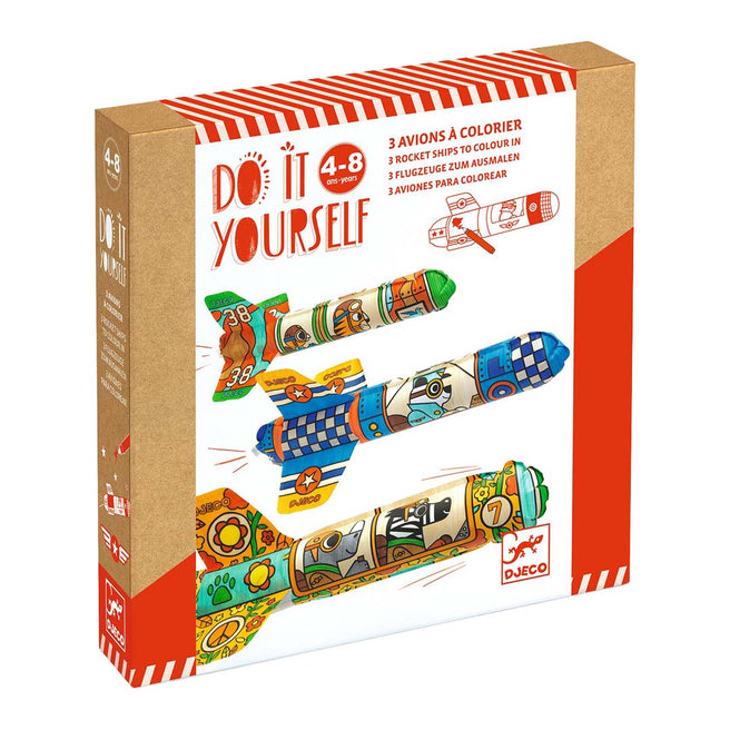 Djeco knutselset DIY raketten verpakking met drie gekleurde raketten en de tekst "DO IT YOURSELF".