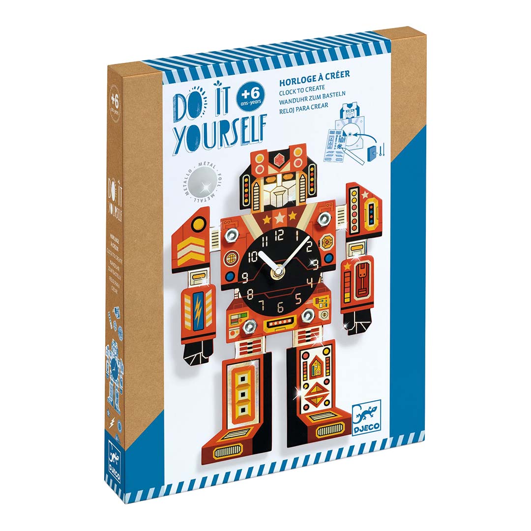 Djeco knutselset voor een robotklok, te zien op de verpakking.