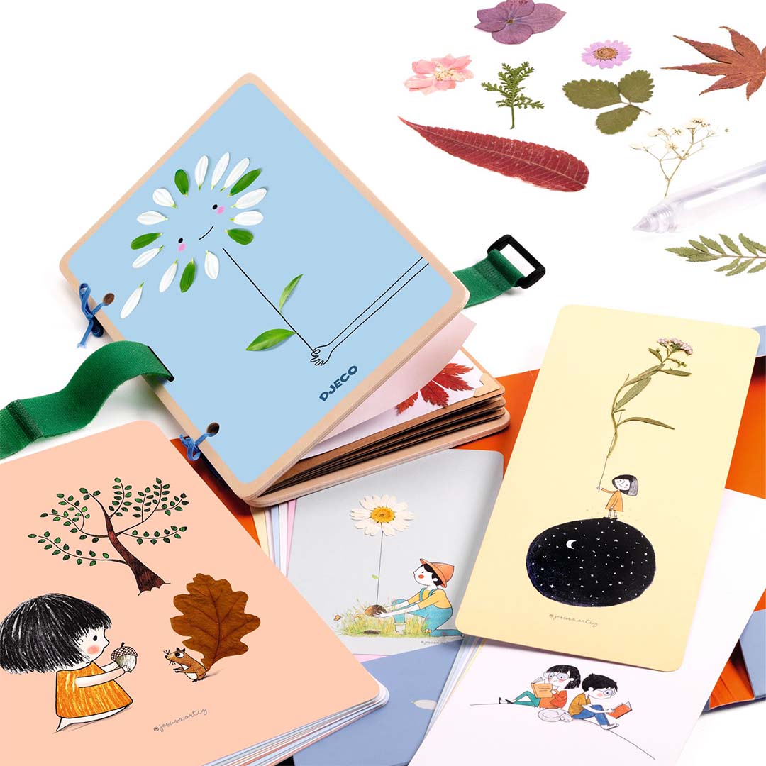 Djeco hobbyset met diverse kaarten gemaakt van gedroogde bloemen en illustraties.