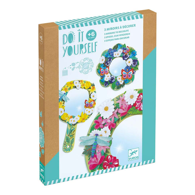 Djeco knutselset DIY bloemenspiegels verpakking met voorbeelden van versierde spiegels.