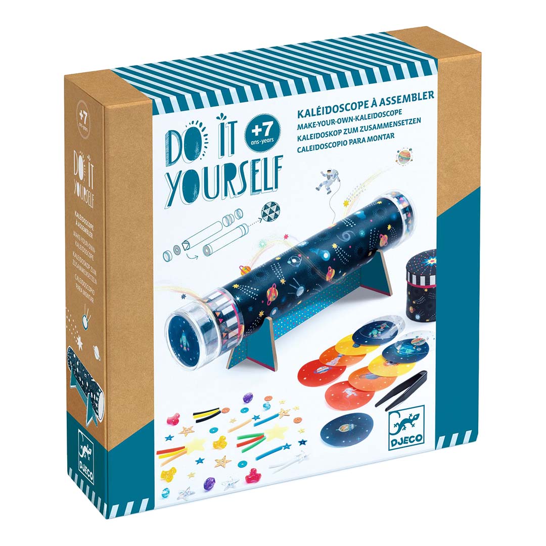 Djeco knutselset voor een DIY caleidoscoop met heelalthema, getoond op de productverpakking.