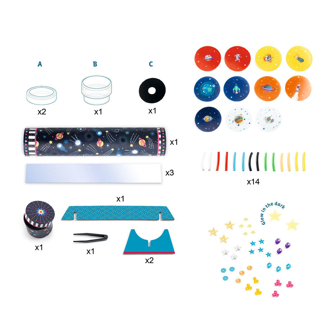 Een infographic met alle losse onderdelen van de DIY caleidoscoop knutselset met heelalthema.