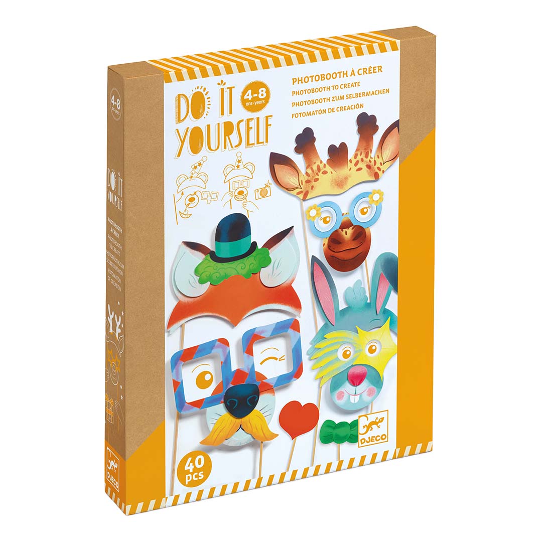 Djeco knutselset voor kinderen, verpakking van de DIY dierenselfies photobooth set.