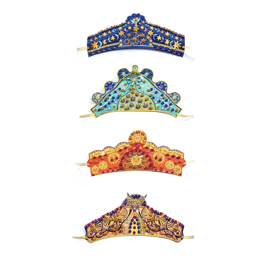 Vier versierde mozaïek diademen in verschillende kleuren en patronen, verticaal op een rij.