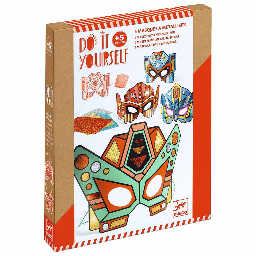 Djeco knutselset DIY robotmaskers verpakking met voorbeeldmaskers en metallic folie.