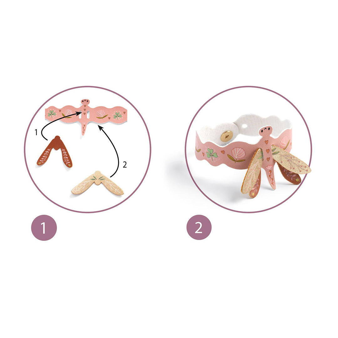 Infographic met stappen voor het maken van een roze armband met een libelle en bloemmotieven.