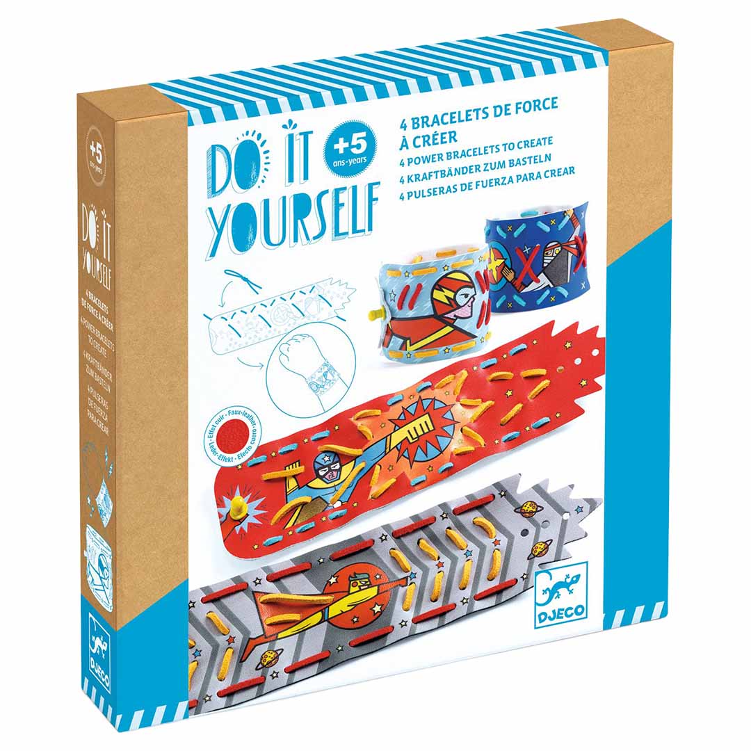 Djeco knutselset voor superheldenarmbanden, met de verpakking schuin afgebeeld.