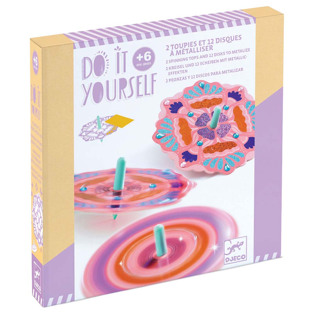 Djeco knutselset verpakking voor het maken van flower power tollen.