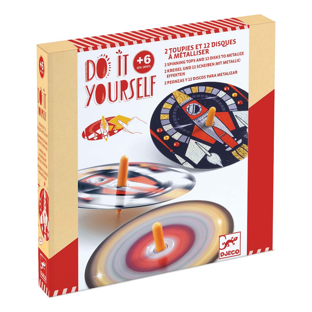 Djeco knutselset verpakking voor het maken van tollen met ruimtevaartthema.