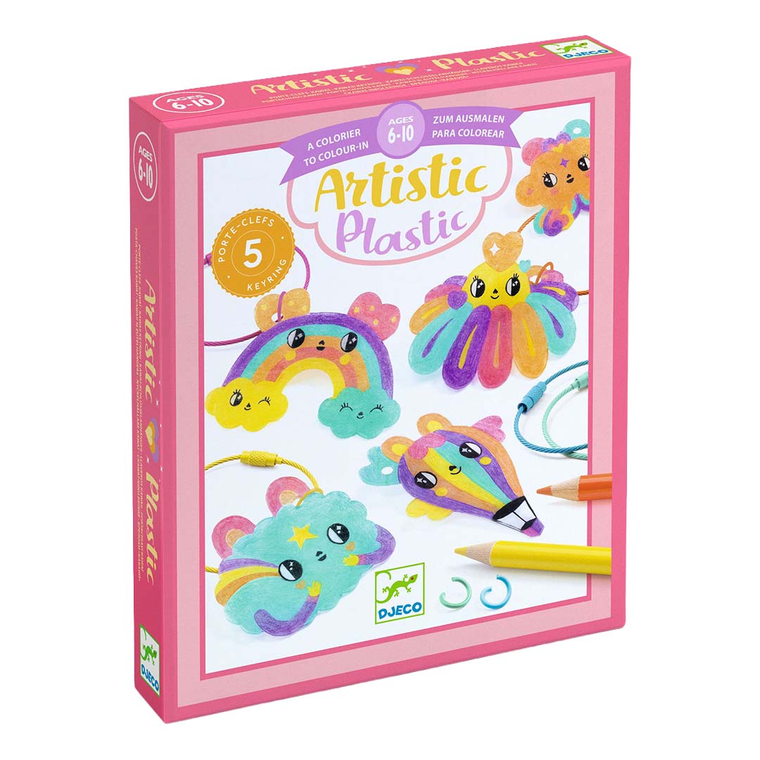 Djeco knutselset verpakking voor krimpie dinkie sleutelhangers met kawaii figuren.