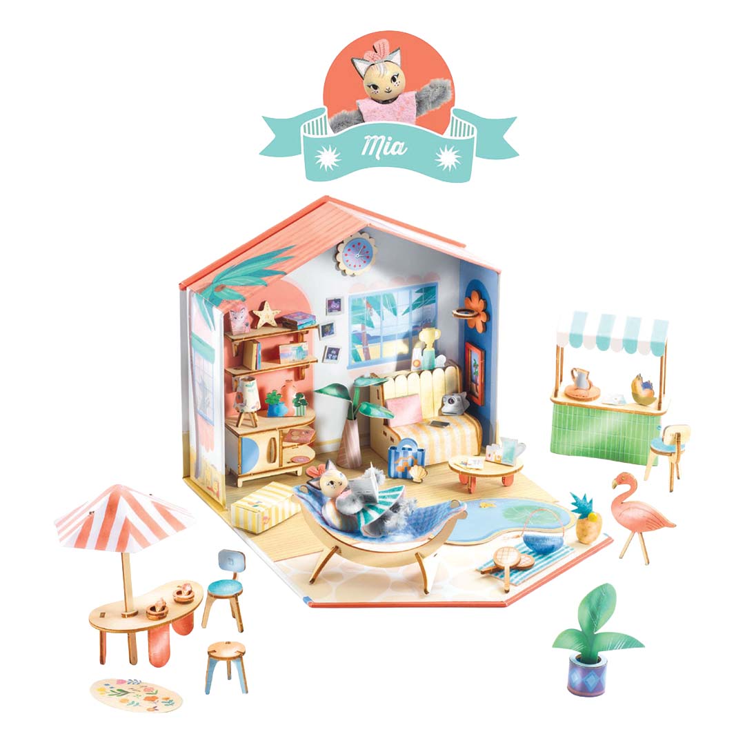 Djeco knutselset 'Mi House - Mia' met een compleet ingericht speelgoedhuis, Mia de kat en diverse meubels en accessoires.