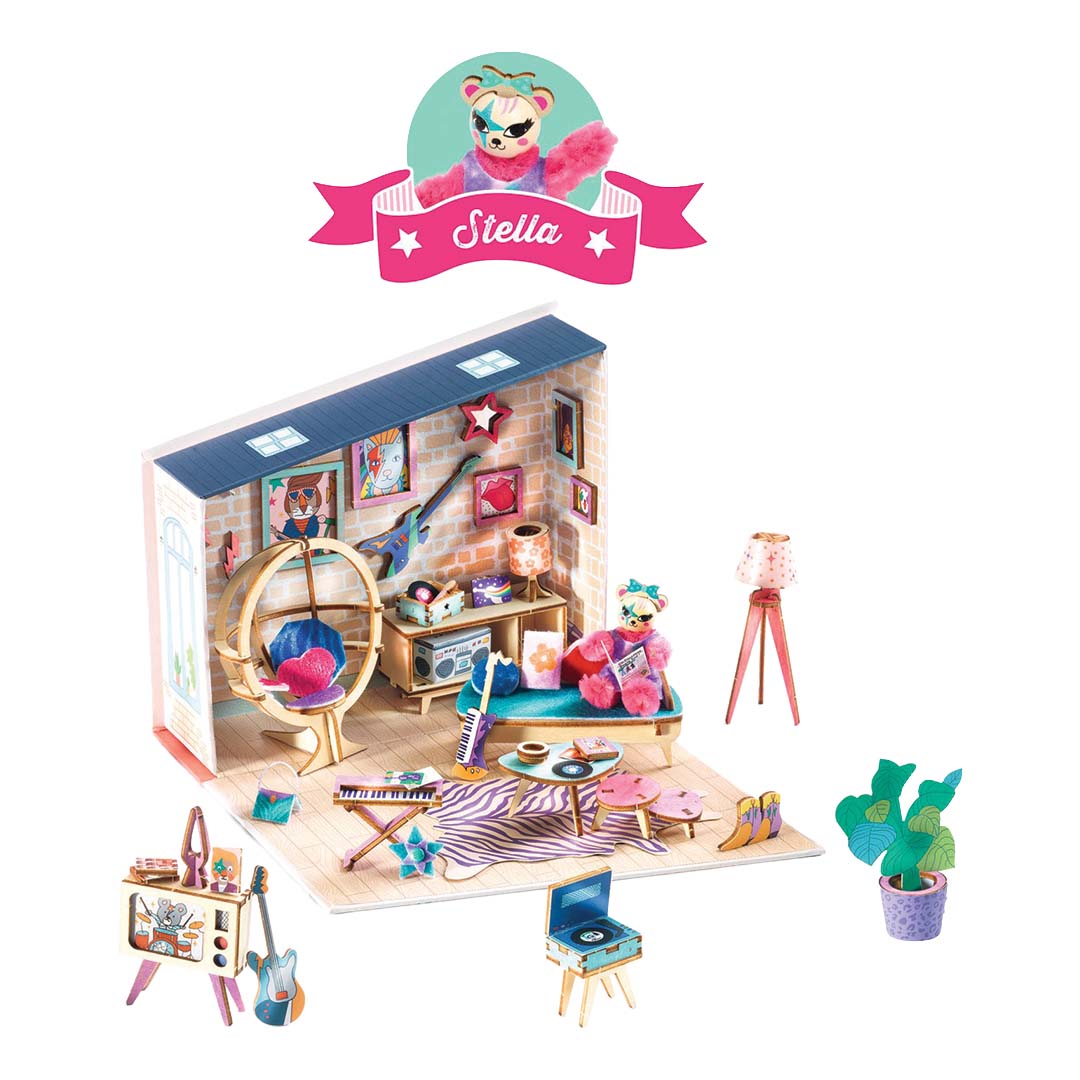 Djeco knutselset van een rock-and-roll kamer met een beerfiguur en meubels.
