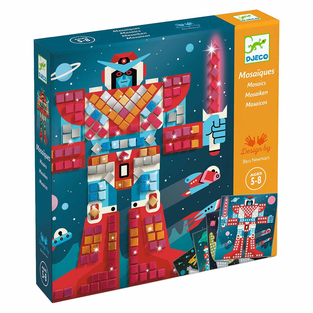 Djeco mozaïek knutselset 'Space Battle' verpakking met een robot in de ruimte.