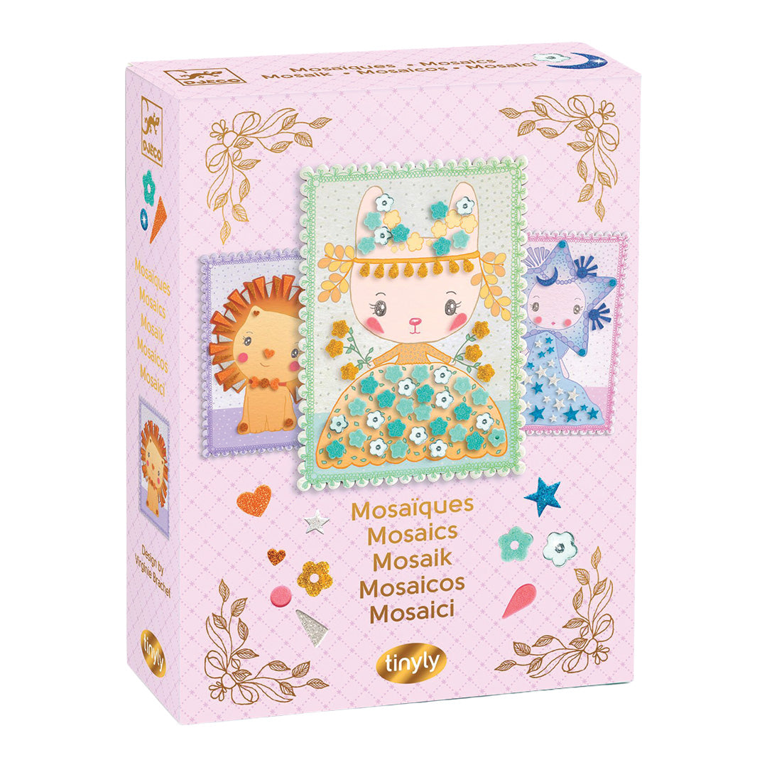 Djeco knutselset mozaïek Margo & Co verpakking met voorbeelden van een konijn, leeuw en sterrenprinses.