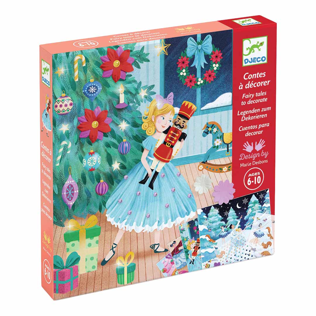 Djeco knutselset Notenkraker verpakking met een meisje bij een kerstboom.