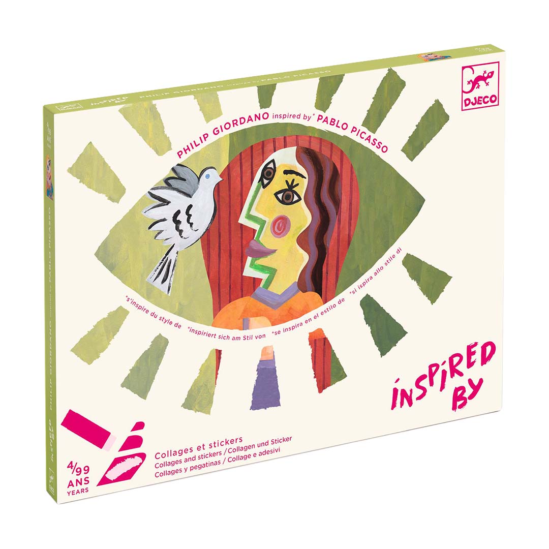 Djeco knutselset verpakking met een abstracte afbeelding in Picasso-stijl.
