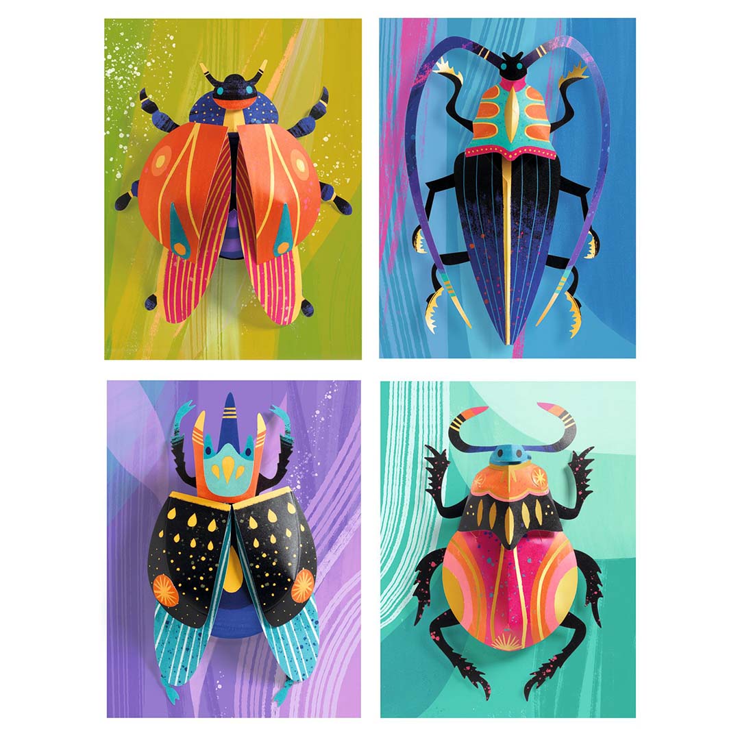 Vier verschillende afgewerkte 3D-insectenkunstwerken uit de Djeco knutselset.