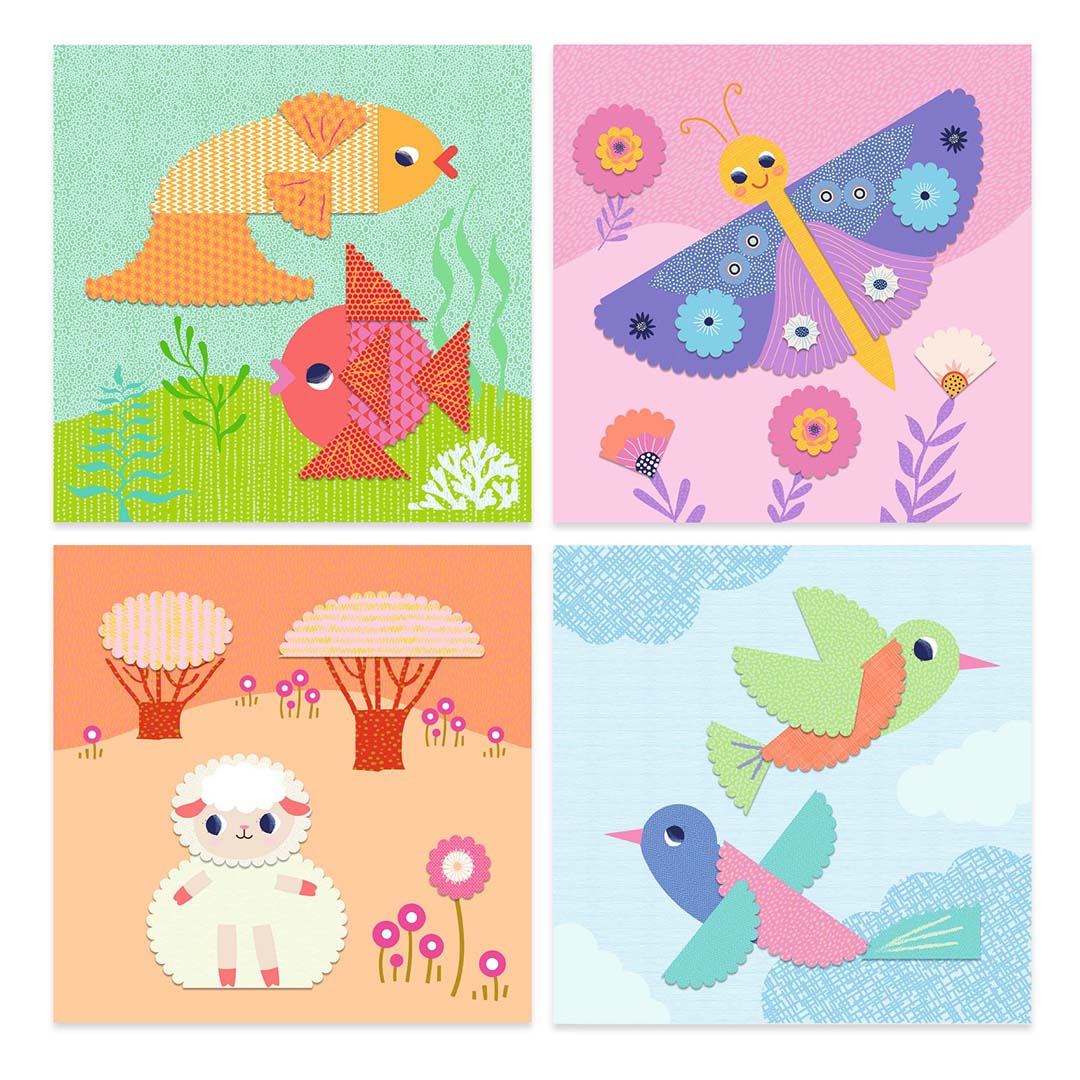 Vier voltooide Djeco papierkunstwerken met een onderwaterscène, een vlinder, een schaap en vogels.