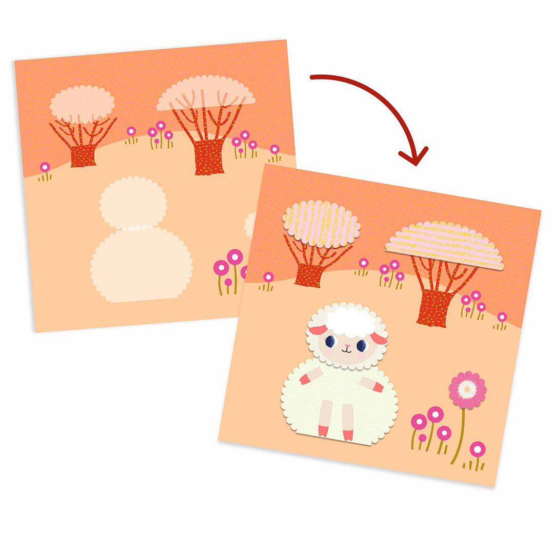 Twee afbeeldingen die de stappen tonen van het maken van een schaap met de Djeco knutselset papierkunst.