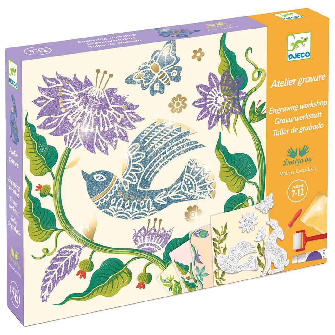 Djeco knutselset verpakking met illustraties van bloemen, een vogel en een vlinder.
