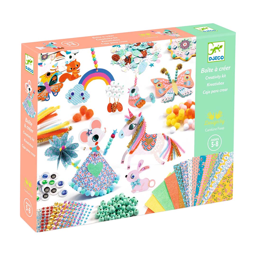 Djeco knutselset voor kinderen met eenhoorn, muis en vlinders op de verpakking.