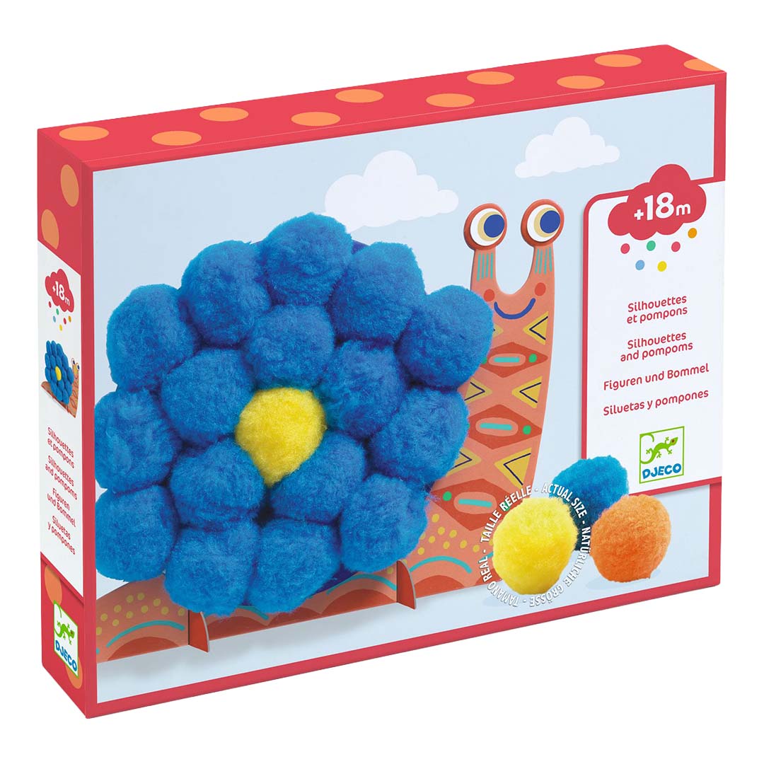 Djeco knutselset pompons dieren verpakking met een slak van blauwe en gele pompons.