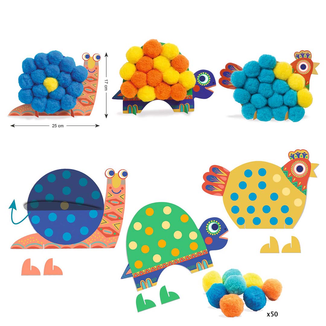 Infographic van de Djeco knutselset pompons dieren met afgewerkte figuren, kartonnen bases en losse pompons.